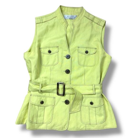 Tahari Arthur S Levine Linen Blend Lime Green Belted Pocket Vest Size 8 - Picture 2 of 13